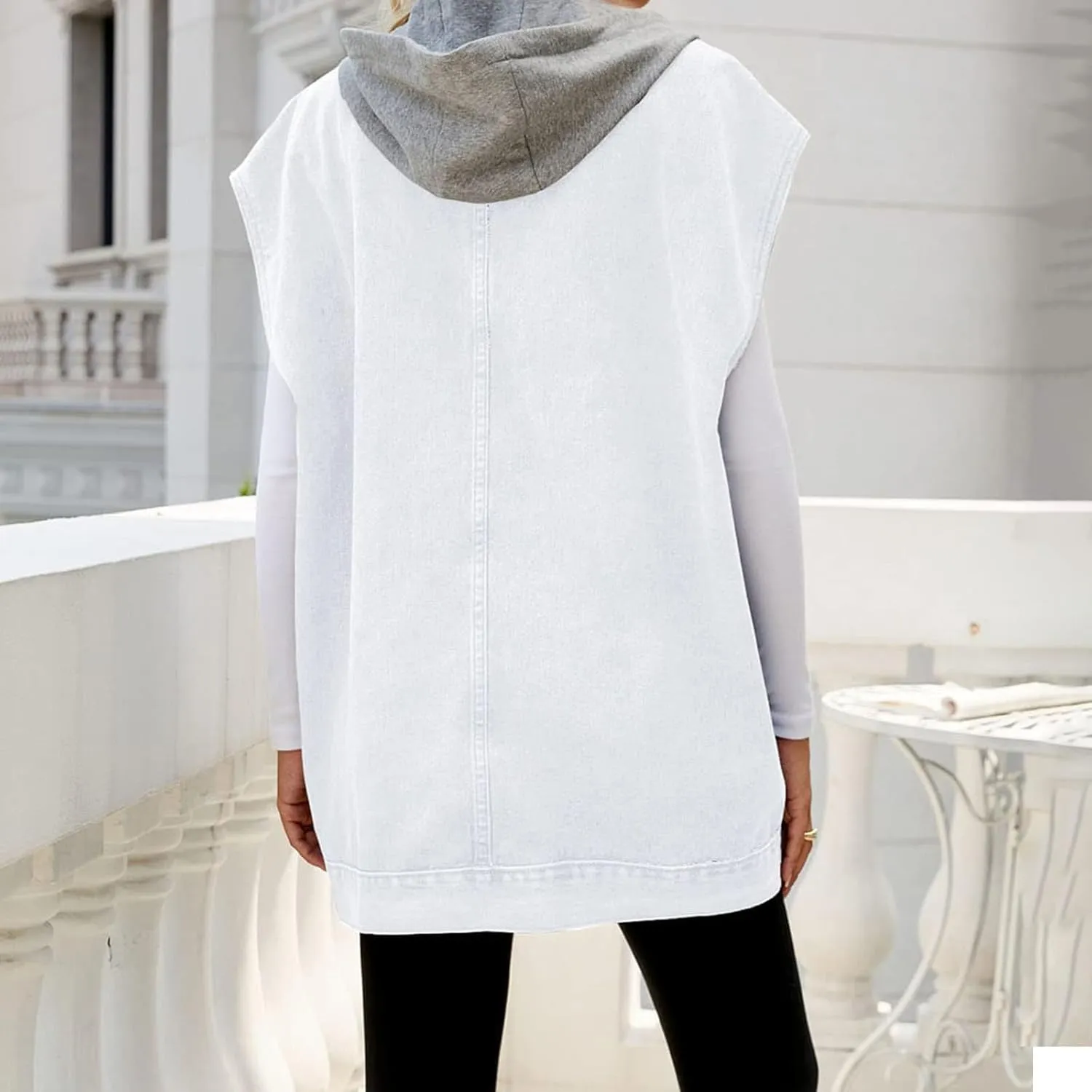 Women’s Sleeveless Hooded Denim Jacket Hoodie Casual Oversized Button Mid-Long Casual Denim Vest With Detachable Hood