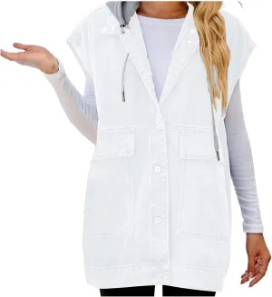 Women’s Sleeveless Hooded Denim Jacket Hoodie Casual Oversized Button Mid-Long Casual Denim Vest With Detachable Hood