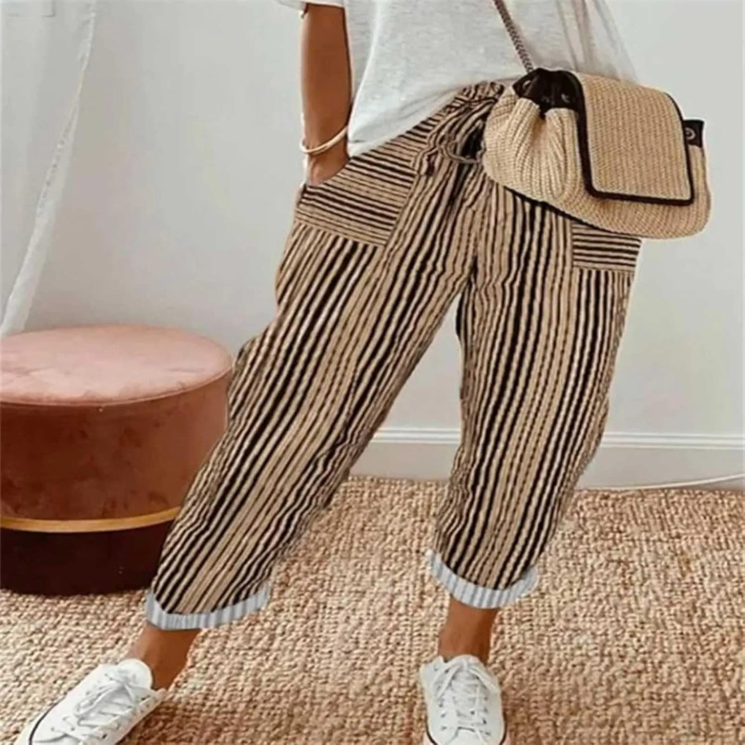 Women's Striped Wide Straight Leg Pants Palazzo High Waisted Drawstring Casual Long Trousers Baggy Loose Fit Bottoms
