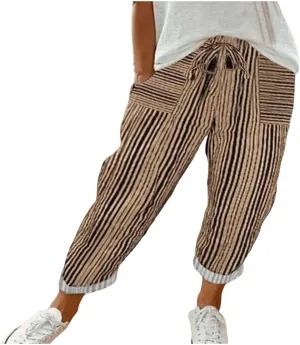 Women's Striped Wide Straight Leg Pants Palazzo High Waisted Drawstring Casual Long Trousers Baggy Loose Fit Bottoms