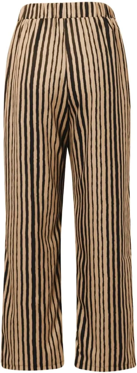 Women's Striped Wide Straight Leg Pants Palazzo High Waisted Drawstring Casual Long Trousers Baggy Loose Fit Bottoms