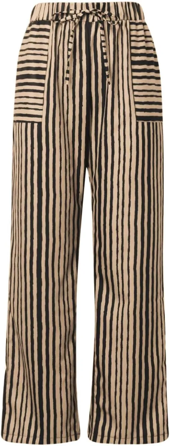 Women's Striped Wide Straight Leg Pants Palazzo High Waisted Drawstring Casual Long Trousers Baggy Loose Fit Bottoms