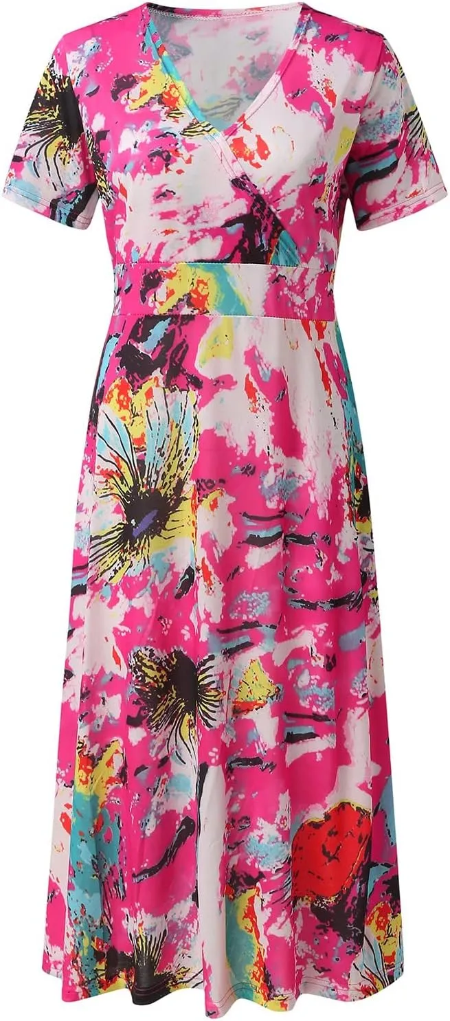 Womens Summer Casual Dresses 2023 Wrap V Neck Short Sleeve Boho Print Loose Fit Hem Swing Long Midi Sundress Bohemian Trendy