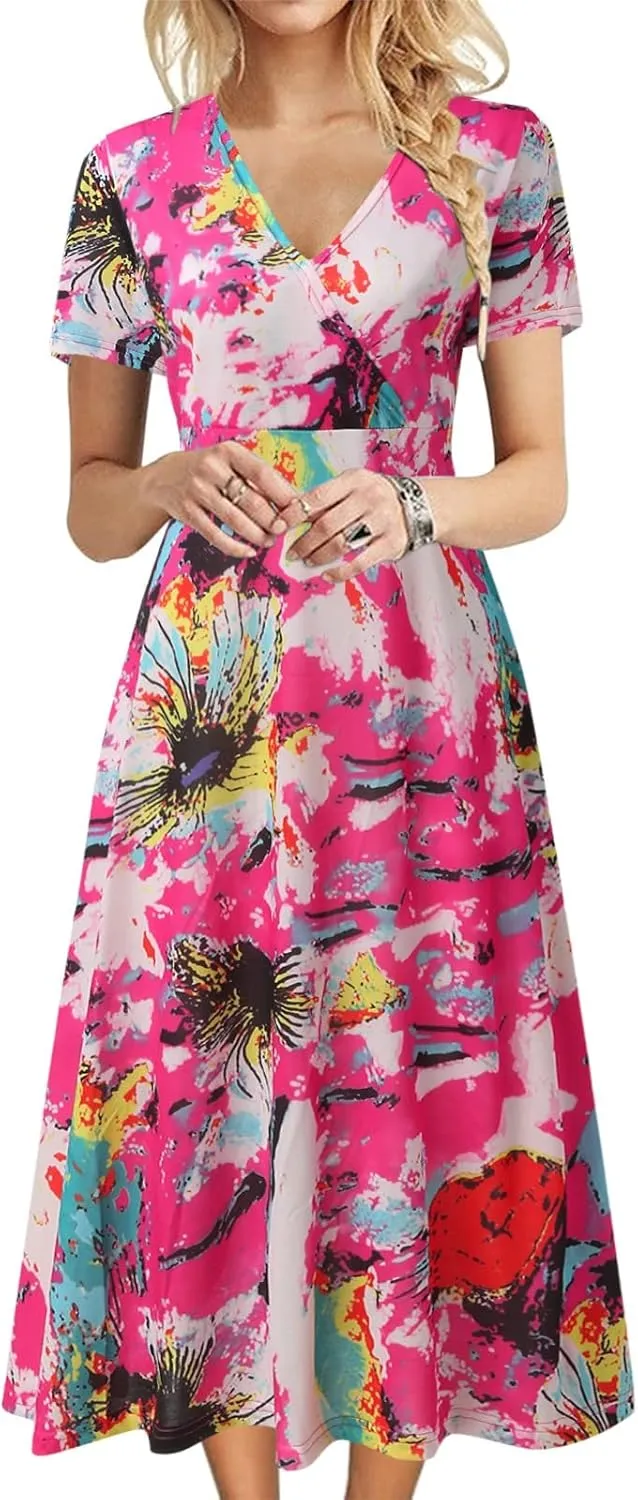 Womens Summer Casual Dresses 2023 Wrap V Neck Short Sleeve Boho Print Loose Fit Hem Swing Long Midi Sundress Bohemian Trendy