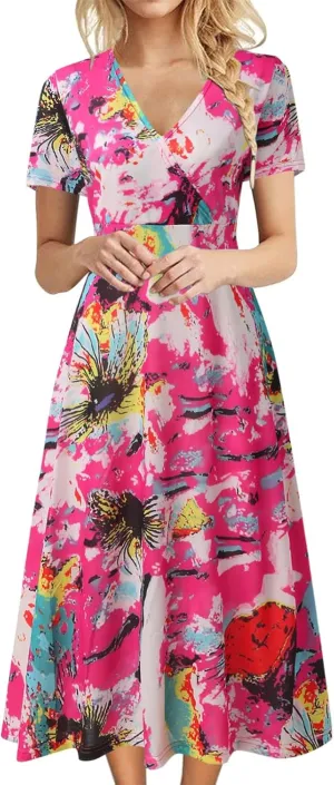 Womens Summer Casual Dresses 2023 Wrap V Neck Short Sleeve Boho Print Loose Fit Hem Swing Long Midi Sundress Bohemian Trendy