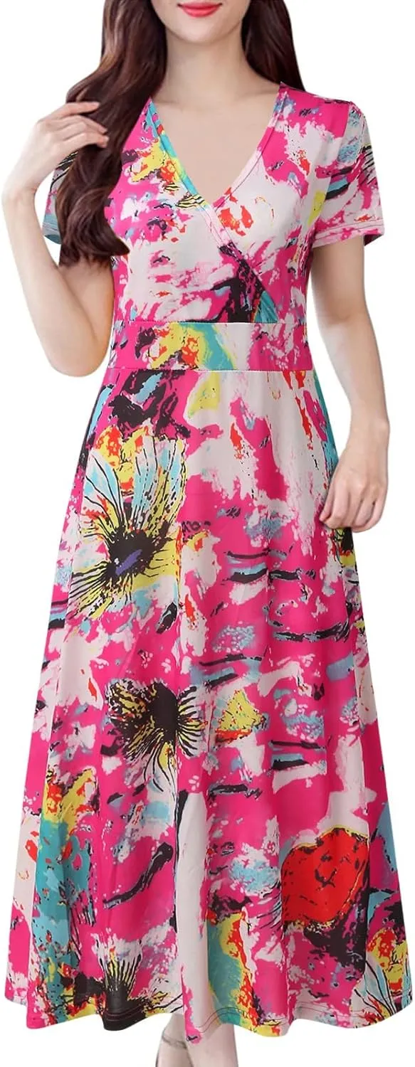 Womens Summer Casual Dresses 2023 Wrap V Neck Short Sleeve Boho Print Loose Fit Hem Swing Long Midi Sundress Bohemian Trendy