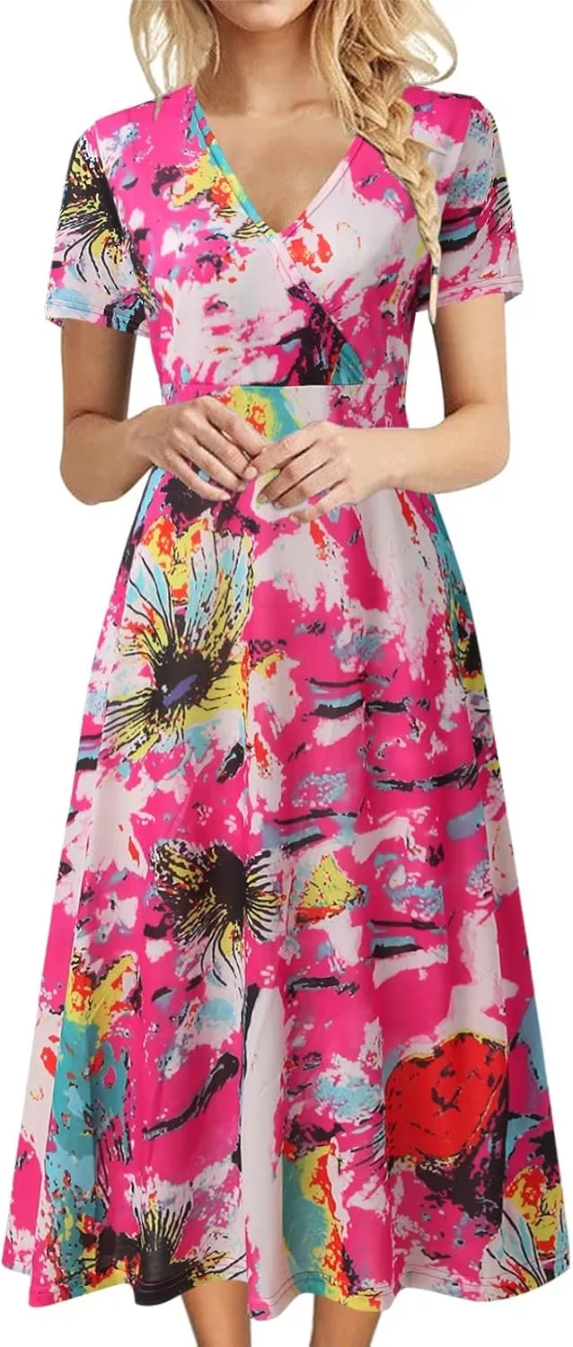 Womens Summer Casual Dresses 2023 Wrap V Neck Short Sleeve Boho Print Loose Fit Hem Swing Long Midi Sundress Bohemian Trendy
