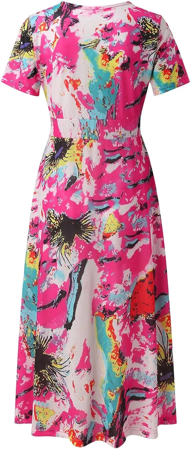 Womens Summer Casual Dresses 2023 Wrap V Neck Short Sleeve Boho Print Loose Fit Hem Swing Long Midi Sundress Bohemian Trendy