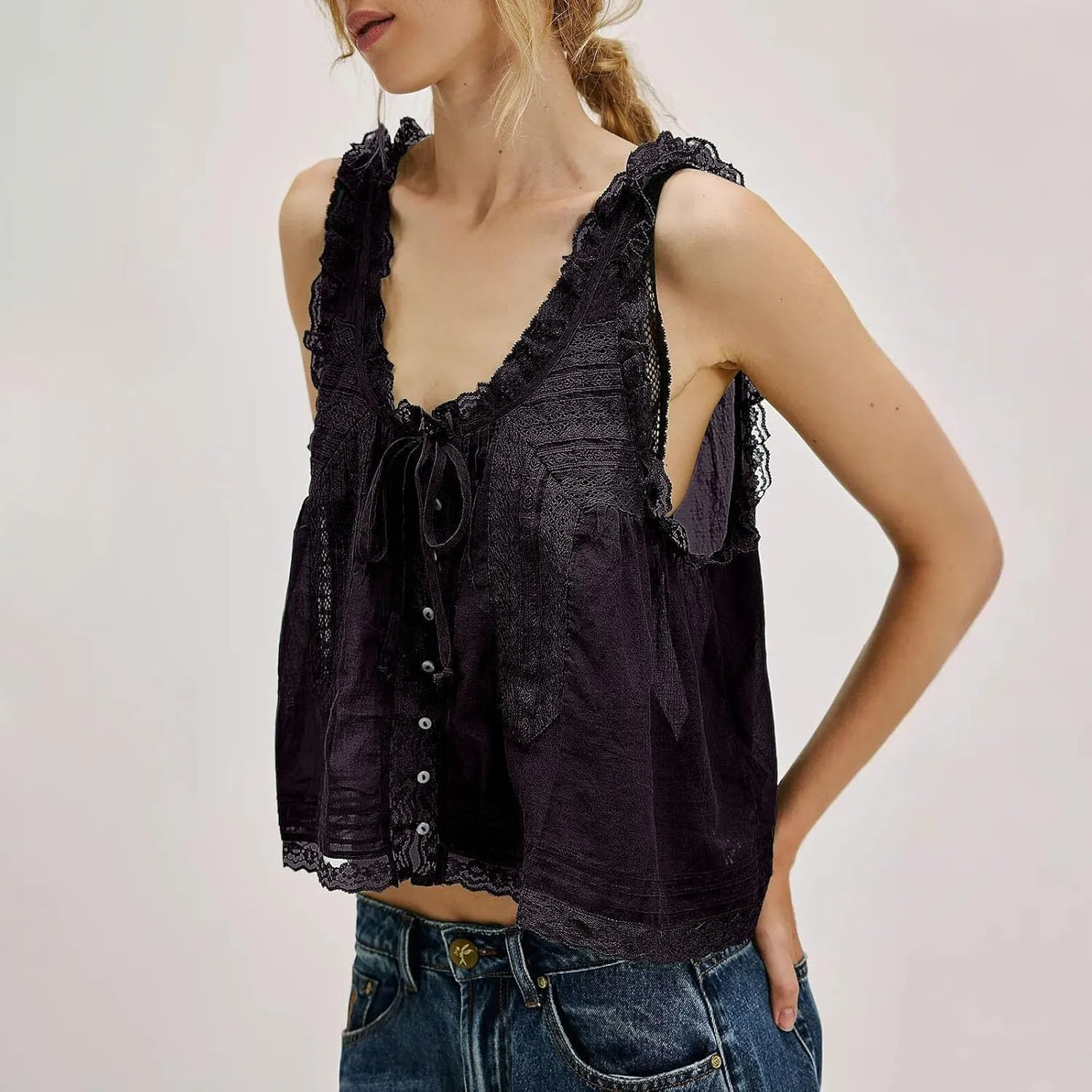 Womens Summer Lace Camisole Tank Tops V-Neck Sleeveless Babydoll Tops Casual Cute Going Out Vacation Y2k T-Shirts