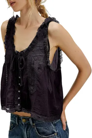 Womens Summer Lace Camisole Tank Tops V-Neck Sleeveless Babydoll Tops Casual Cute Going Out Vacation Y2k T-Shirts
