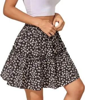 Women's Summer Pleated Cute Mini Skirt High Waist Athletic Ruffle Skirts Stripe Print Swing Beach Boho Short Mini Skirt