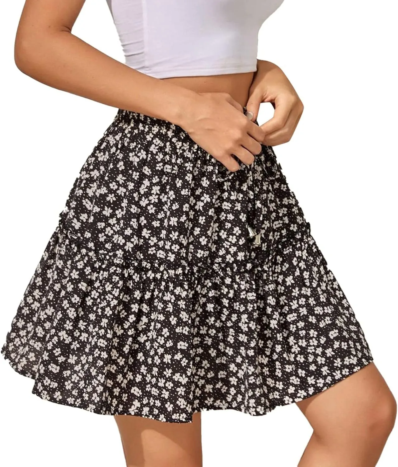 Women's Summer Pleated Cute Mini Skirt High Waist Athletic Ruffle Skirts Stripe Print Swing Beach Boho Short Mini Skirt