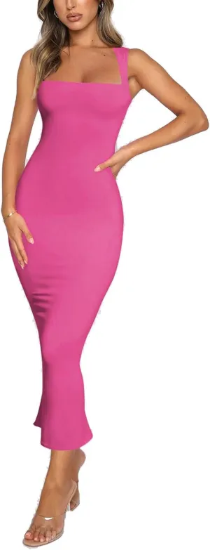 Womens Summer Sleeveless Square Neck Elegant Casual Bodycon Slim Maxi Evening Cocktail Party Long Dress