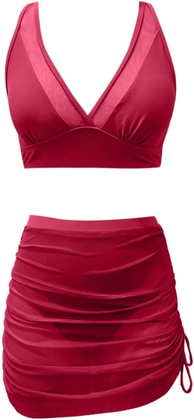 Womens Swim Skirt High Waisted Bikini Sets 2 Piece Tummy Control Swimsuits Mesh Sarong Wraps Bathing Suits Fashion