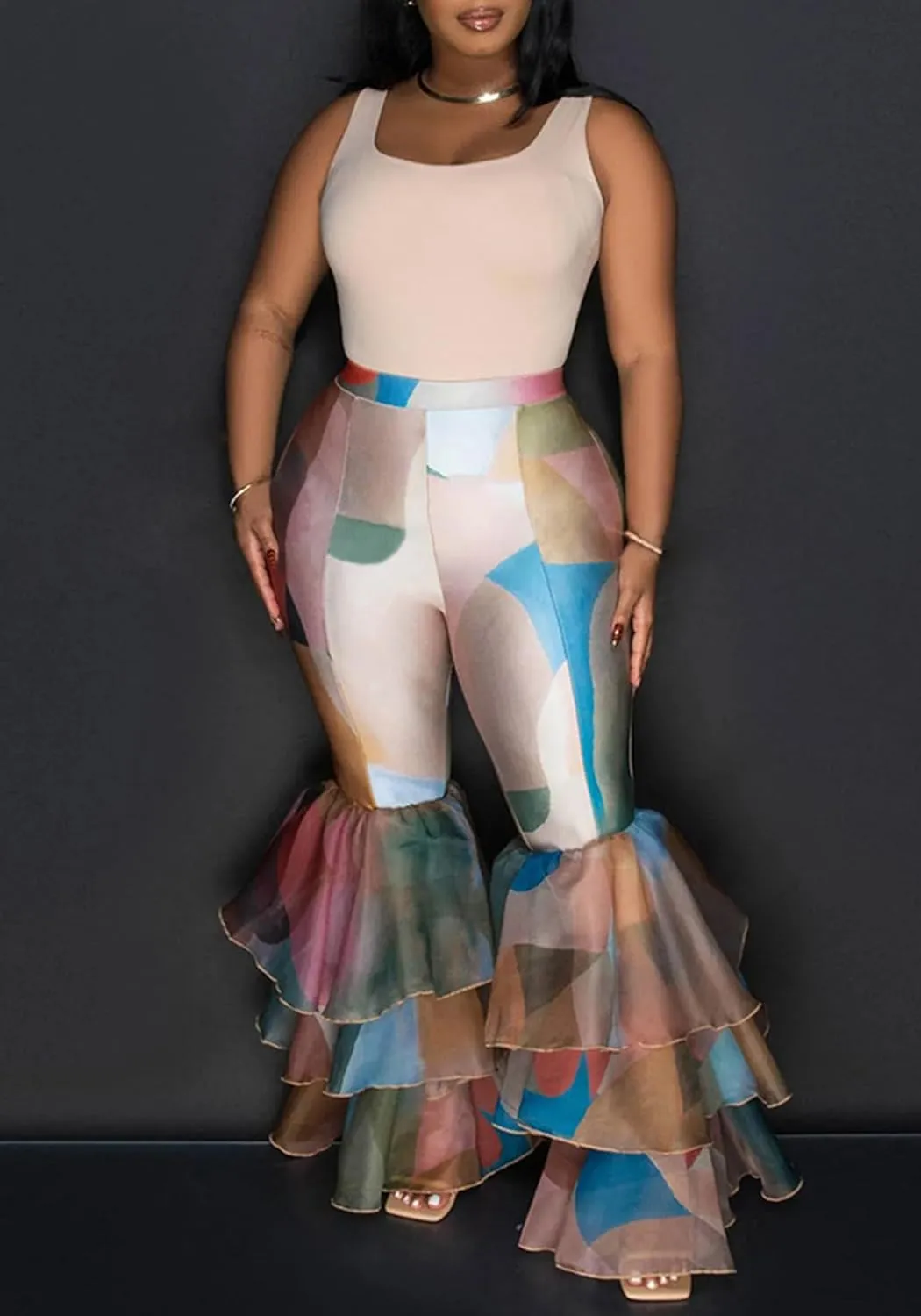 Women's Tie Dye Printed Flare Pants High Waisted Ruffle Hem Bell Bottom Skinny Trousers Pants