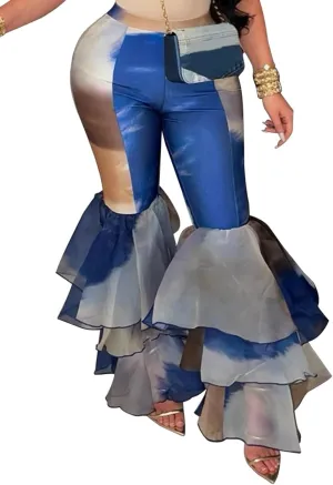 Women's Tie Dye Printed Flare Pants High Waisted Ruffle Hem Bell Bottom Skinny Trousers Pants