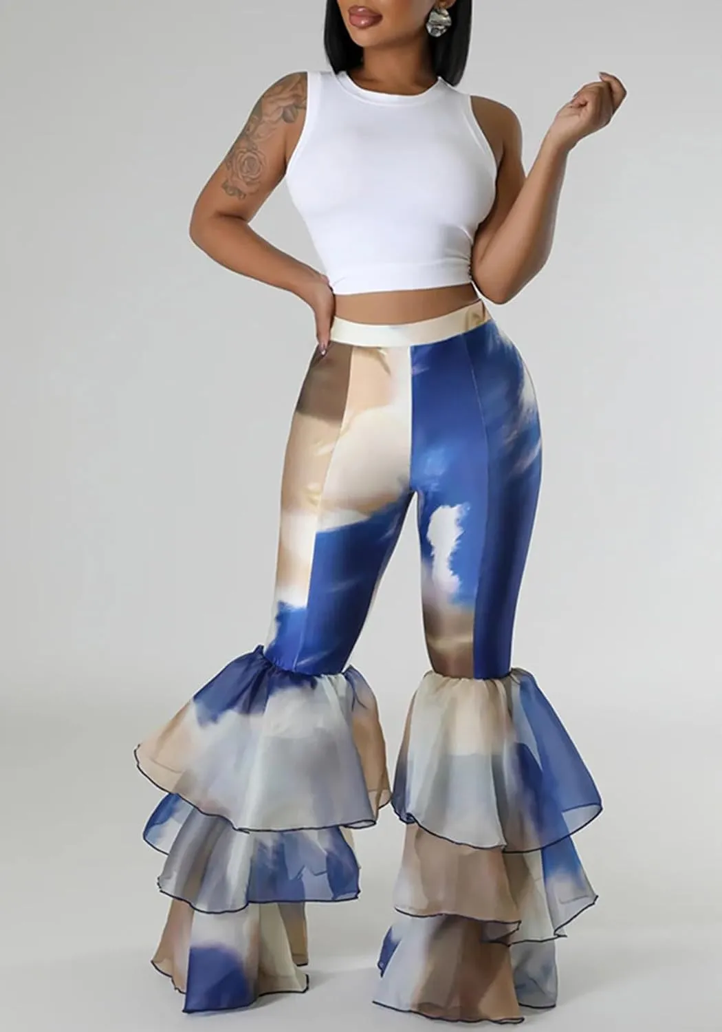 Women's Tie Dye Printed Flare Pants High Waisted Ruffle Hem Bell Bottom Skinny Trousers Pants