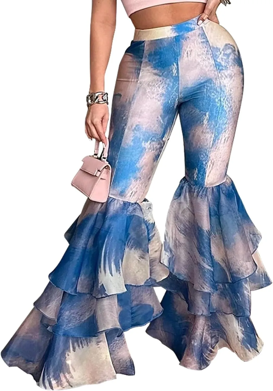 Women's Tie Dye Printed Flare Pants High Waisted Ruffle Hem Bell Bottom Skinny Trousers Pants
