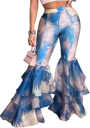 Women's Tie Dye Printed Flare Pants High Waisted Ruffle Hem Bell Bottom Skinny Trousers Pants