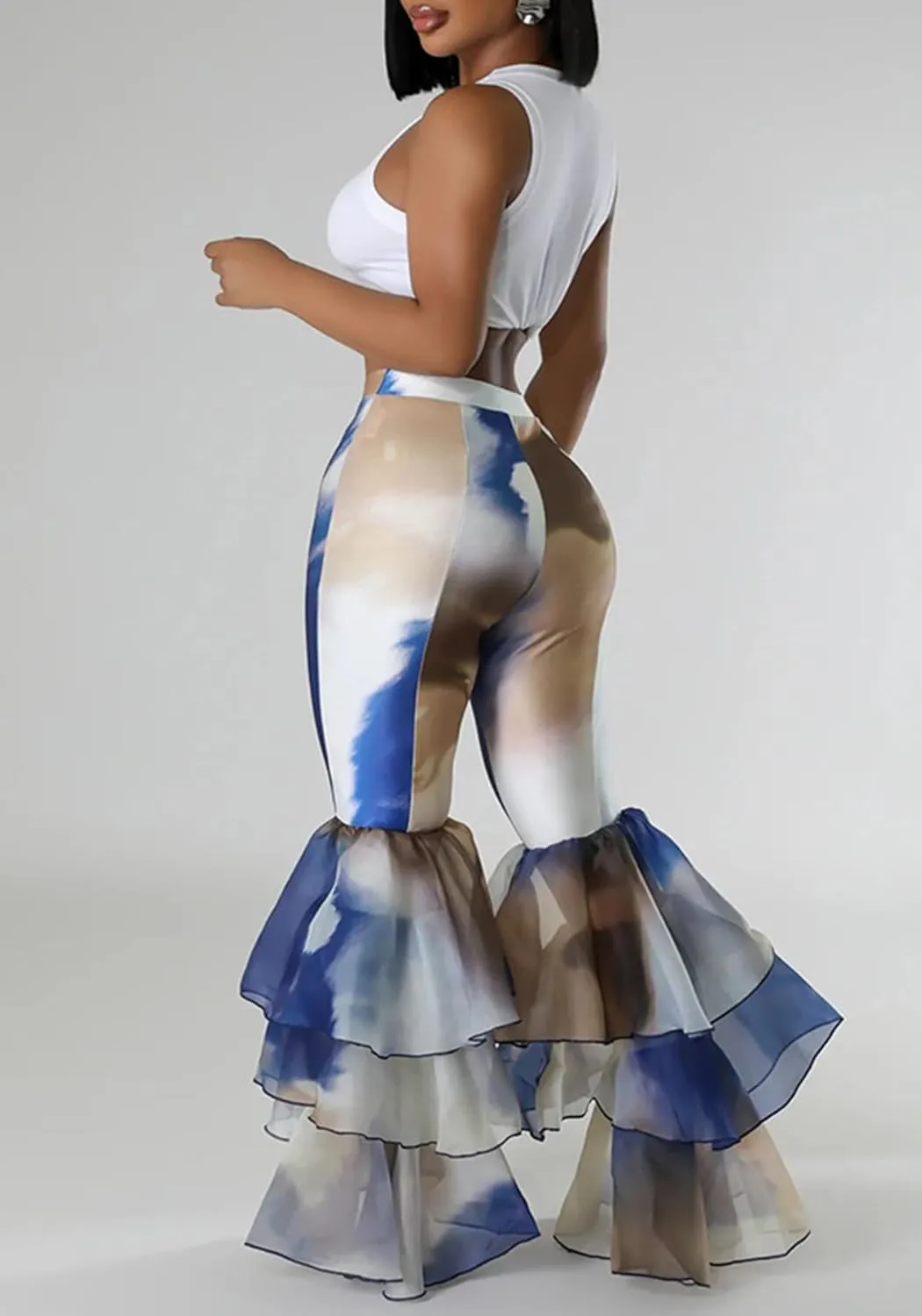 Women's Tie Dye Printed Flare Pants High Waisted Ruffle Hem Bell Bottom Skinny Trousers Pants