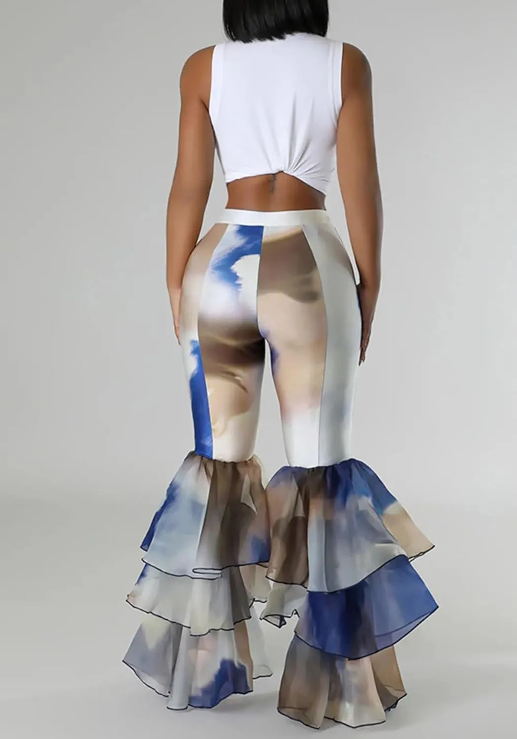 Women's Tie Dye Printed Flare Pants High Waisted Ruffle Hem Bell Bottom Skinny Trousers Pants