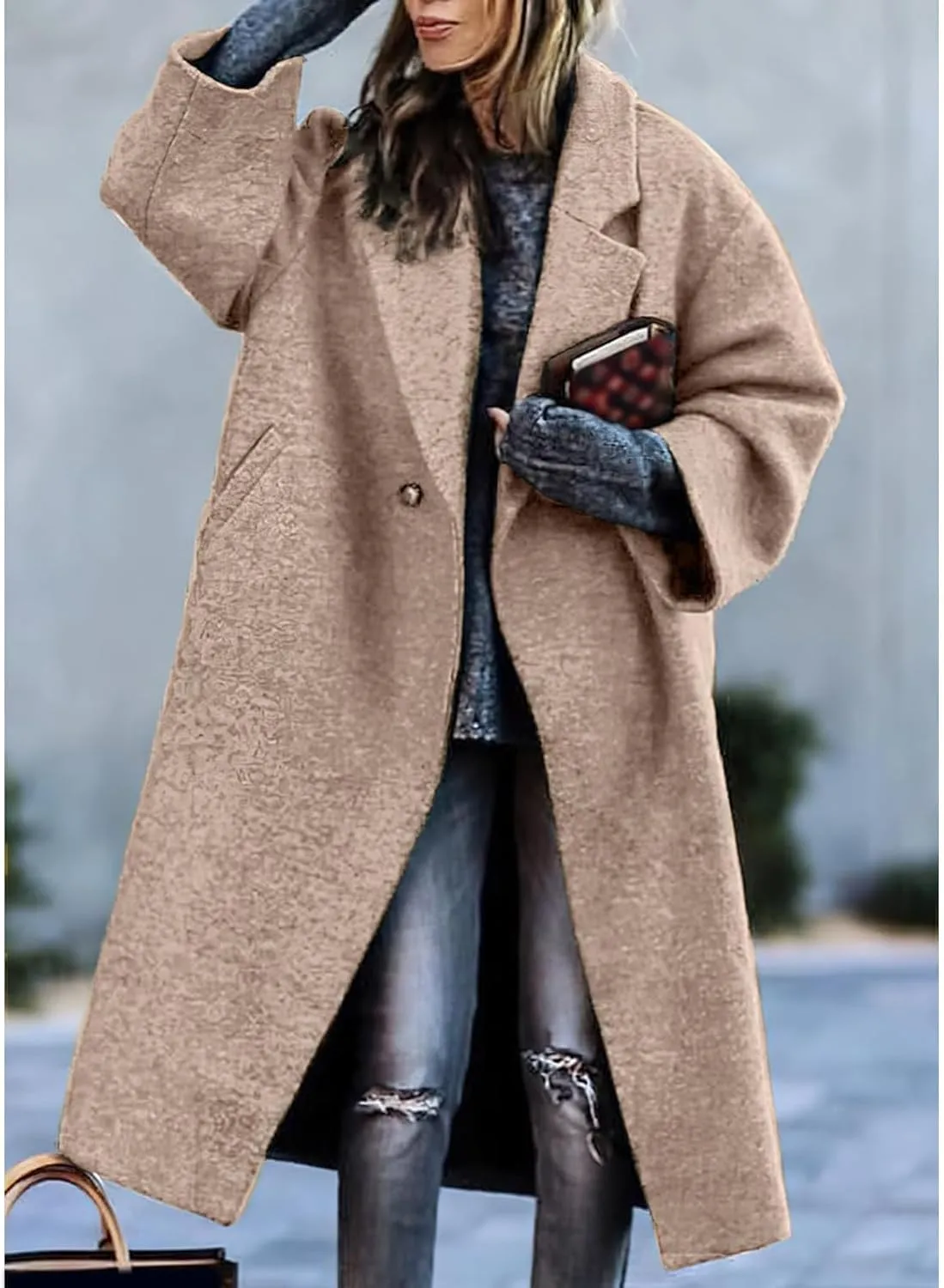 Womens Trench Coat Classic Single-Breasted Plus Size Overcoat Lapel Open Front Cardigan Wool Blend Outwerar