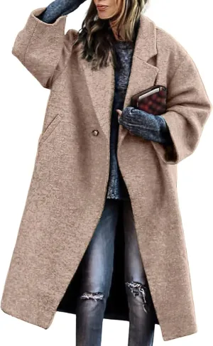 Womens Trench Coat Classic Single-Breasted Plus Size Overcoat Lapel Open Front Cardigan Wool Blend Outwerar