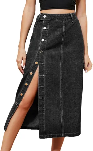 Womens Trendy Jean Skirts Sexy Split Denim Midi Skirt Solid Casual Half Dress Side Button Mid-Calf Length Skirts
