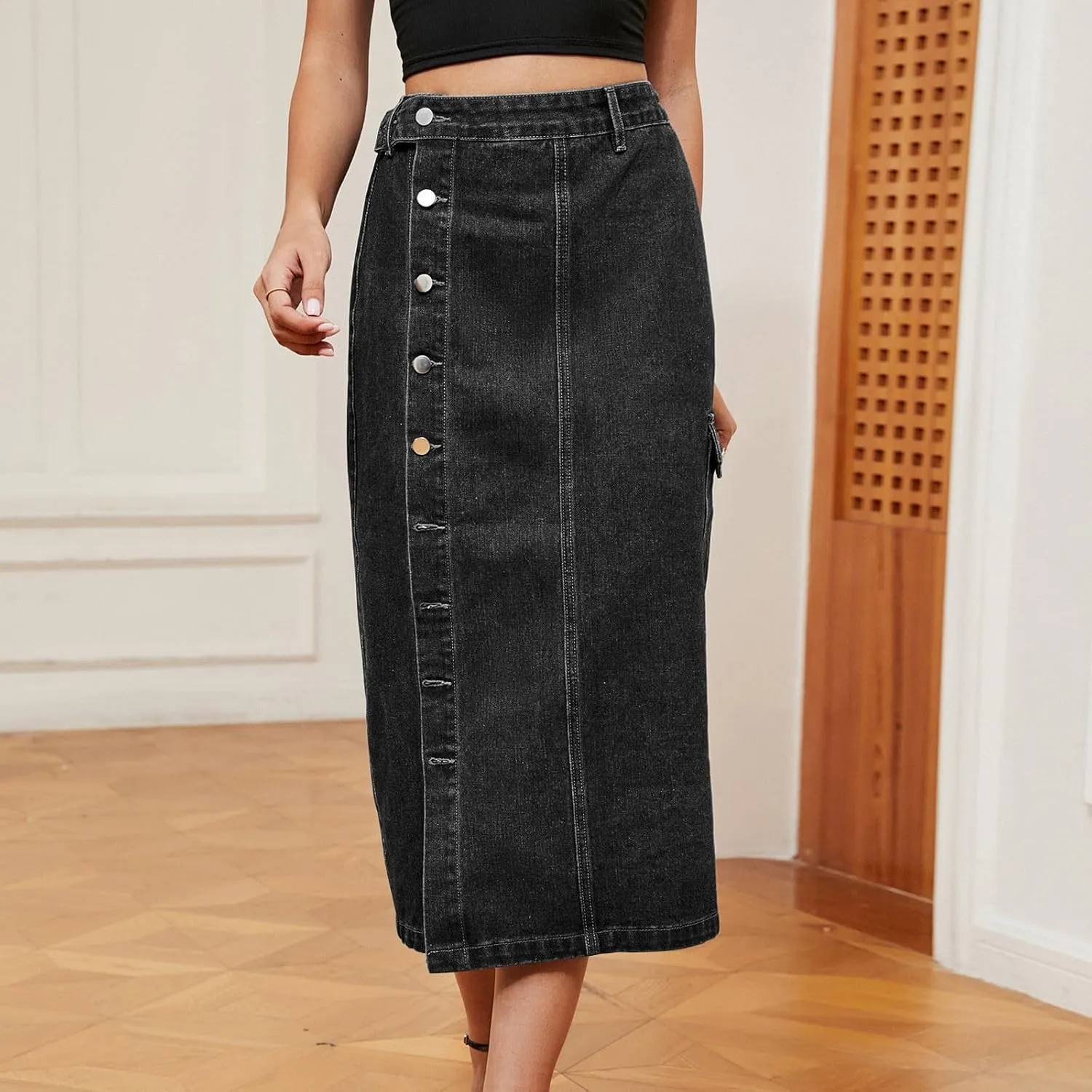 Womens Trendy Jean Skirts Sexy Split Denim Midi Skirt Solid Casual Half Dress Side Button Mid-Calf Length Skirts