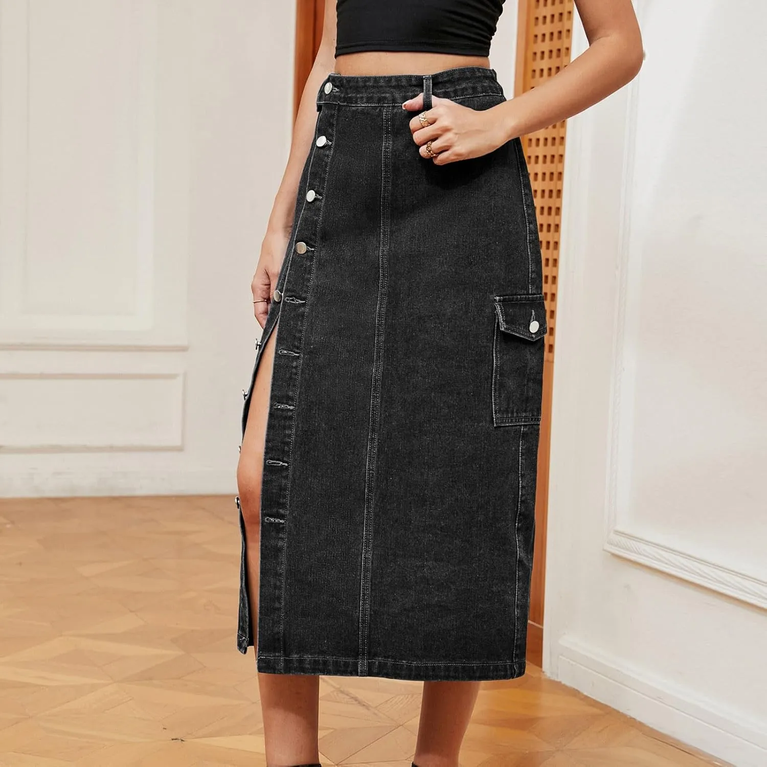 Womens Trendy Jean Skirts Sexy Split Denim Midi Skirt Solid Casual Half Dress Side Button Mid-Calf Length Skirts