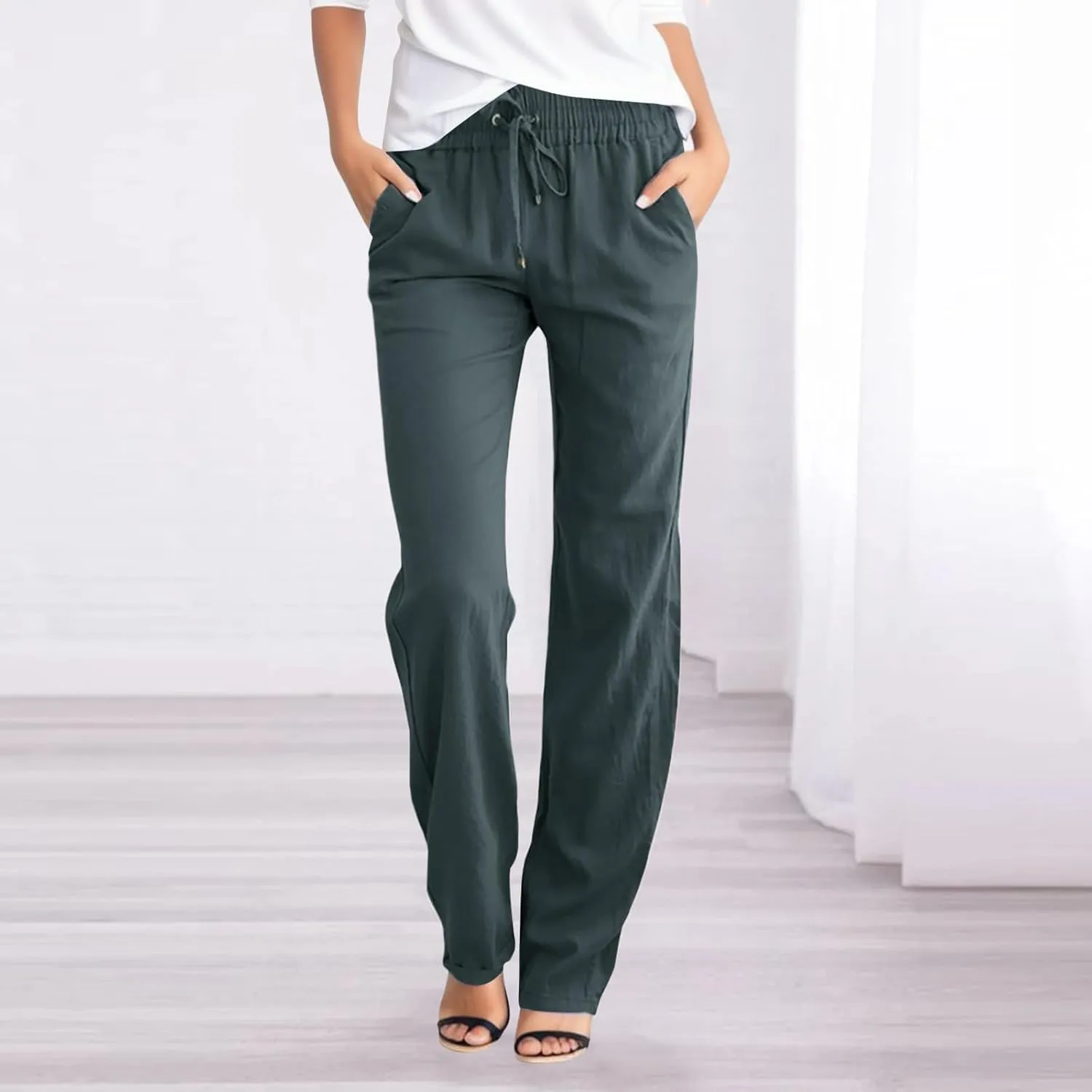 Womens Wide Leg Linen Pants Boho Beach Casual Elastic High Waist Palazzo Pant Work Pleated Trouser with Pocket