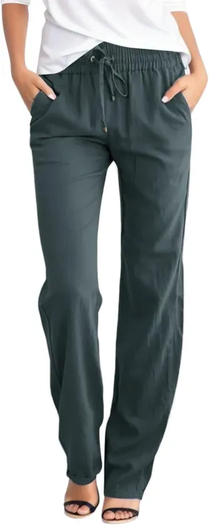 Womens Wide Leg Linen Pants Boho Beach Casual Elastic High Waist Palazzo Pant Work Pleated Trouser with Pocket