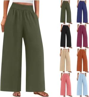 Womens Wide Leg Linen Pants Palazzo Pants with Pockets Smocked Elastic Waist Casual Trousers Summer Bottoms