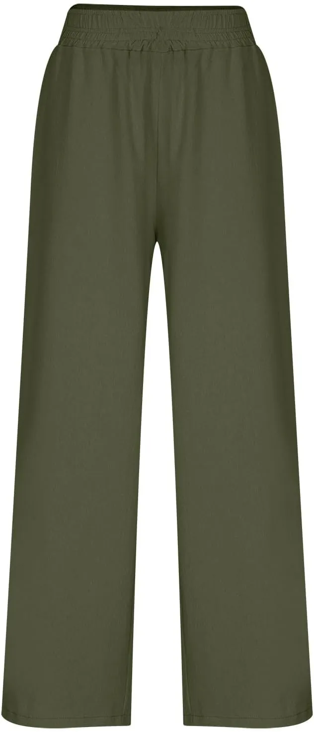 Womens Wide Leg Linen Pants Palazzo Pants with Pockets Smocked Elastic Waist Casual Trousers Summer Bottoms