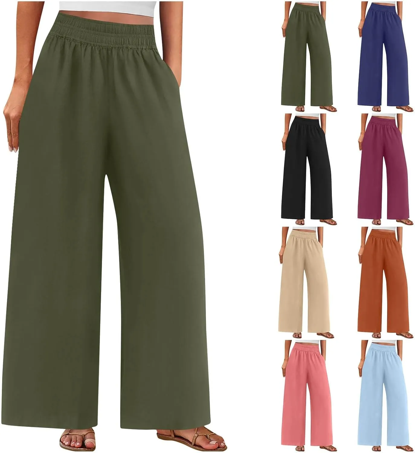 Womens Wide Leg Linen Pants Palazzo Pants with Pockets Smocked Elastic Waist Casual Trousers Summer Bottoms