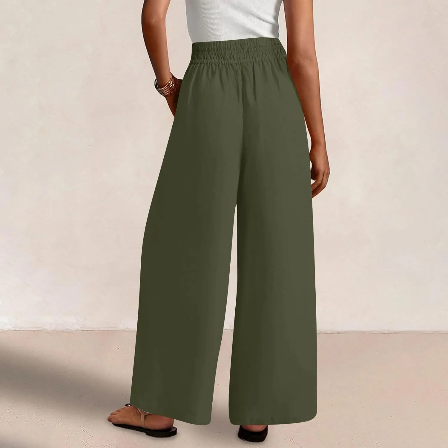 Womens Wide Leg Linen Pants Palazzo Pants with Pockets Smocked Elastic Waist Casual Trousers Summer Bottoms