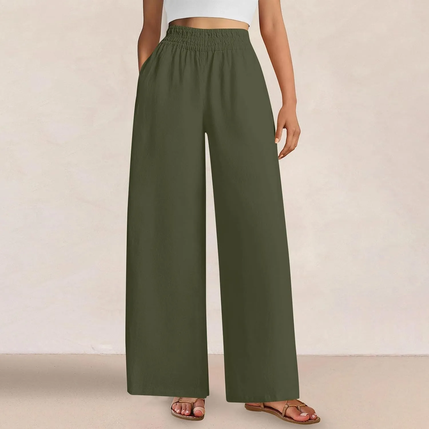 Womens Wide Leg Linen Pants Palazzo Pants with Pockets Smocked Elastic Waist Casual Trousers Summer Bottoms