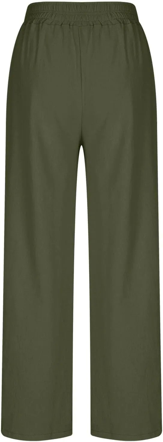 Womens Wide Leg Linen Pants Palazzo Pants with Pockets Smocked Elastic Waist Casual Trousers Summer Bottoms