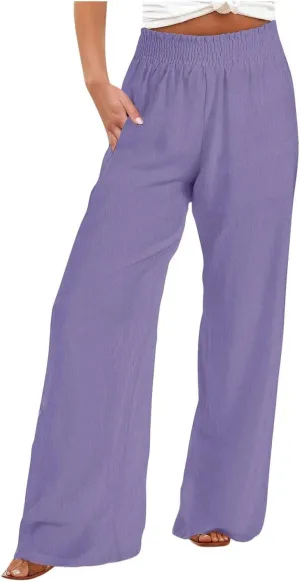 Womens Wide Leg Pants Casual Summer Cotton Linen Pants High Elastic Waist Palazzo Pants Flowy Lounge Beach Pants
