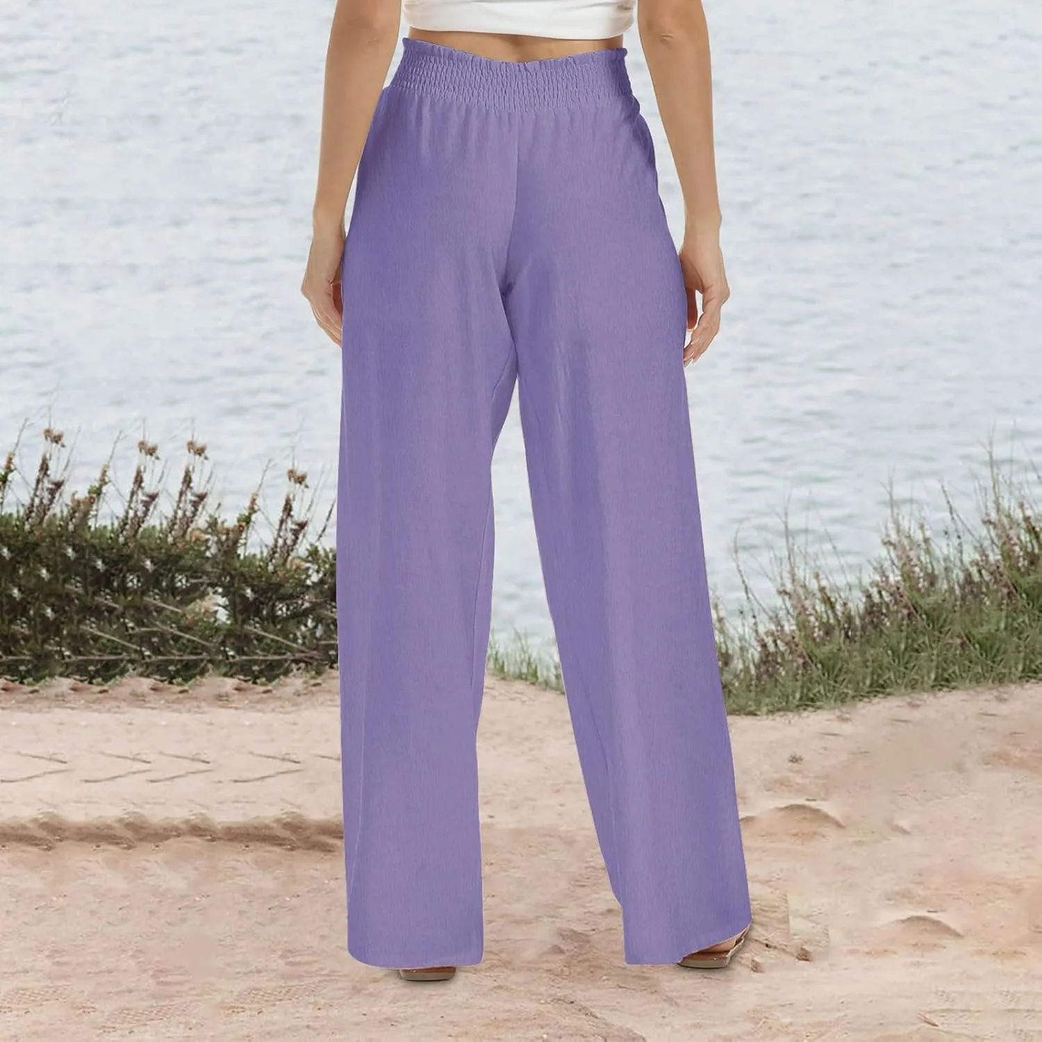 Womens Wide Leg Pants Casual Summer Cotton Linen Pants High Elastic Waist Palazzo Pants Flowy Lounge Beach Pants
