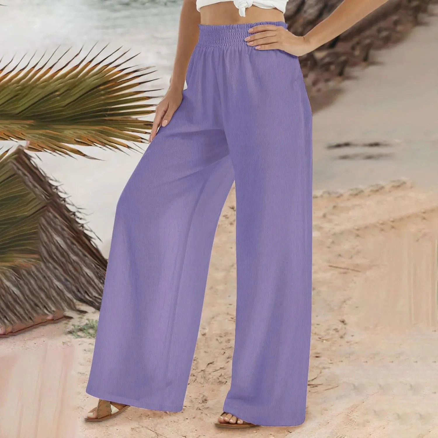 Womens Wide Leg Pants Casual Summer Cotton Linen Pants High Elastic Waist Palazzo Pants Flowy Lounge Beach Pants