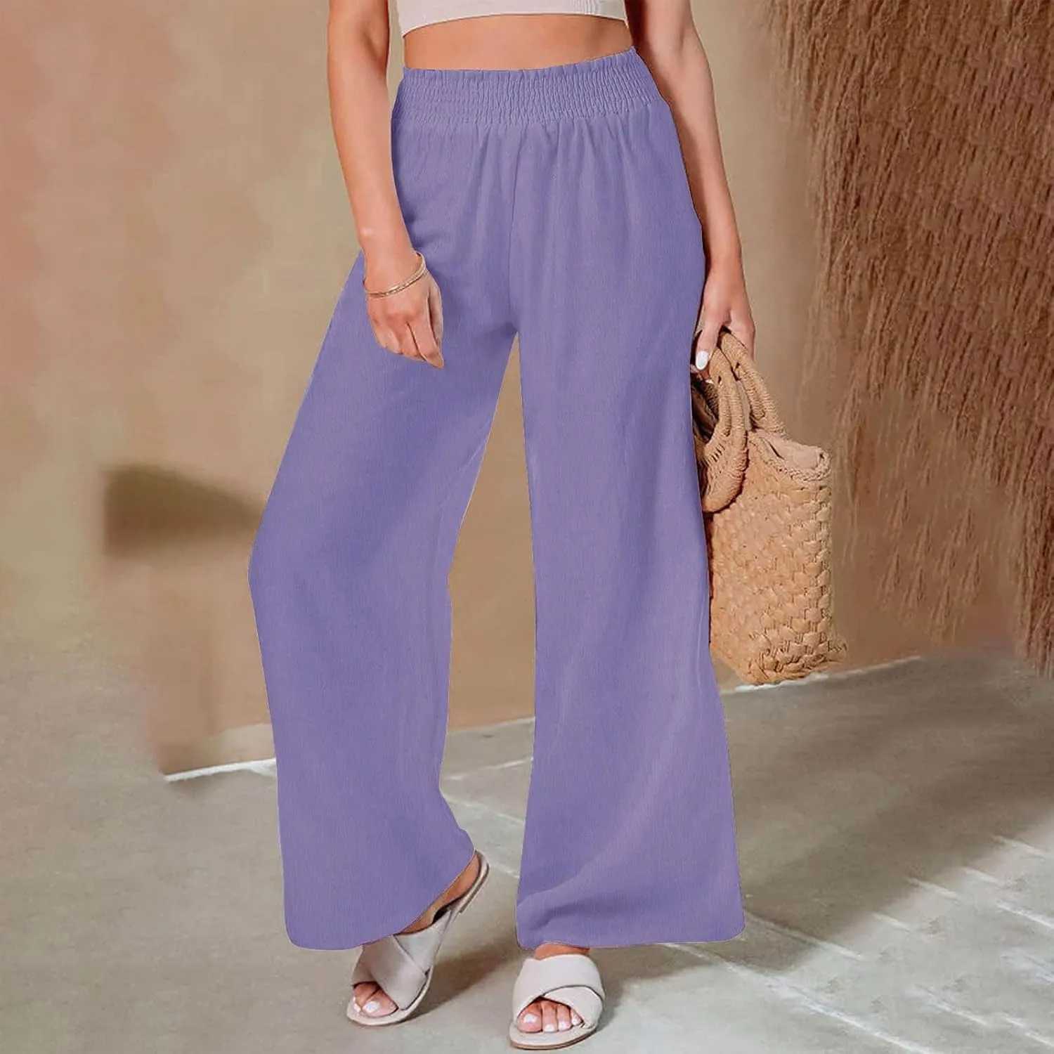 Womens Wide Leg Pants Casual Summer Cotton Linen Pants High Elastic Waist Palazzo Pants Flowy Lounge Beach Pants