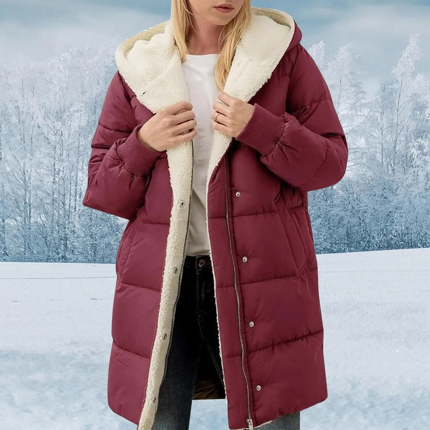 Womens Winter Temperament Zip Up Fleece Coat Hooded with Pockets Overcoat Casual Lightweight Warm Outwear Daily Clothes