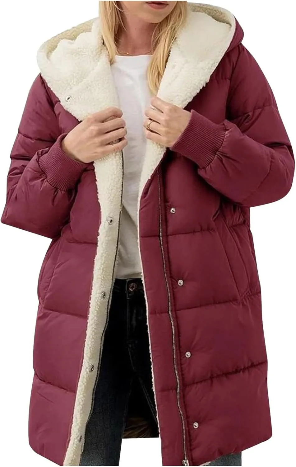Womens Winter Temperament Zip Up Fleece Coat Hooded with Pockets Overcoat Casual Lightweight Warm Outwear Daily Clothes