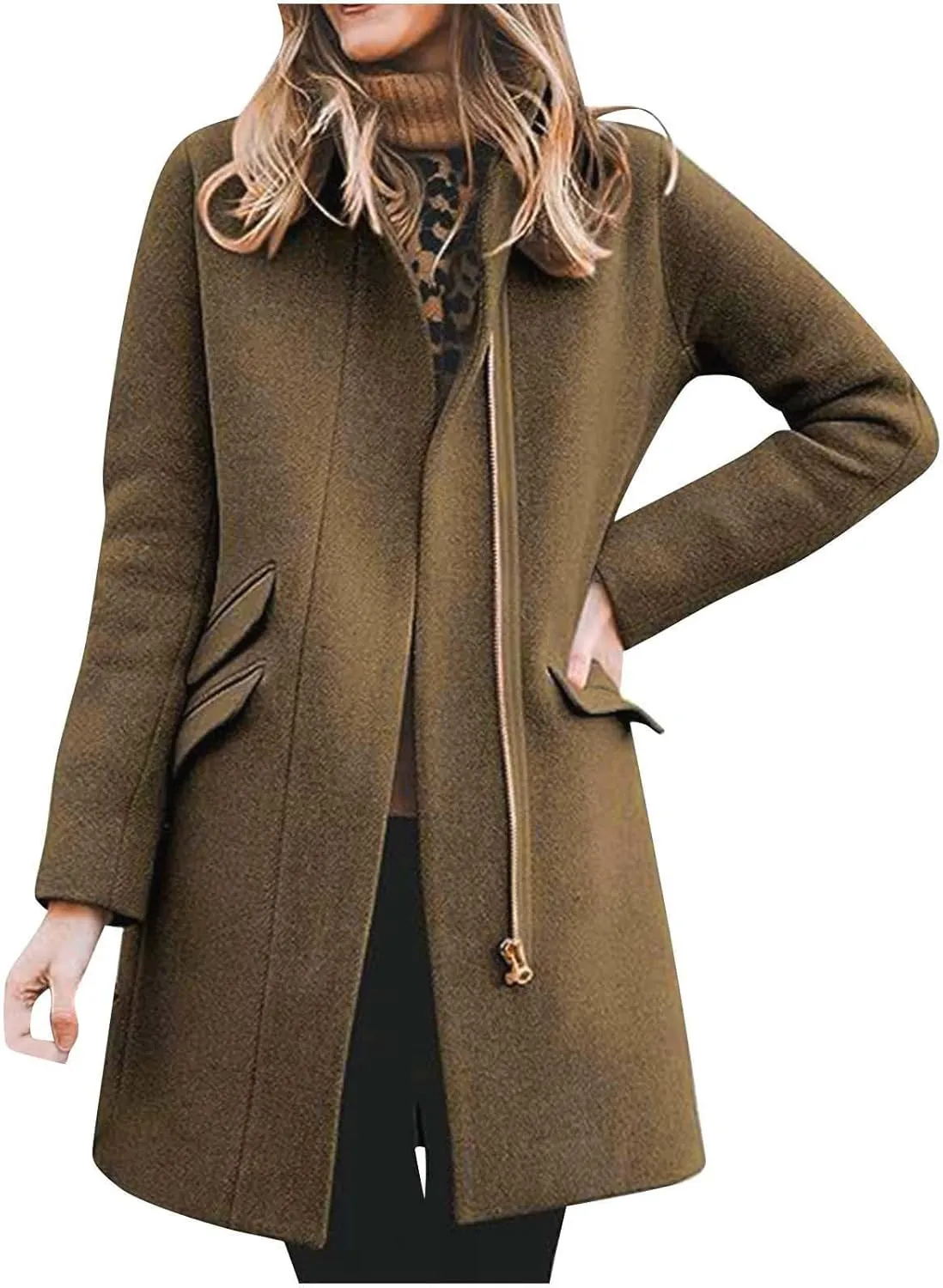 Womens Wool Blend Coat, Long Sleeve Lapel Collar Open Front Cardigan Winter Drawstring Loose Office Pea Coats