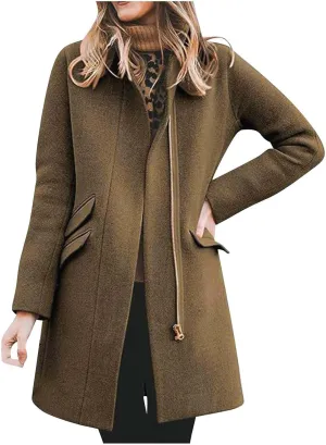 Womens Wool Blend Coat, Long Sleeve Lapel Collar Open Front Cardigan Winter Drawstring Loose Office Pea Coats
