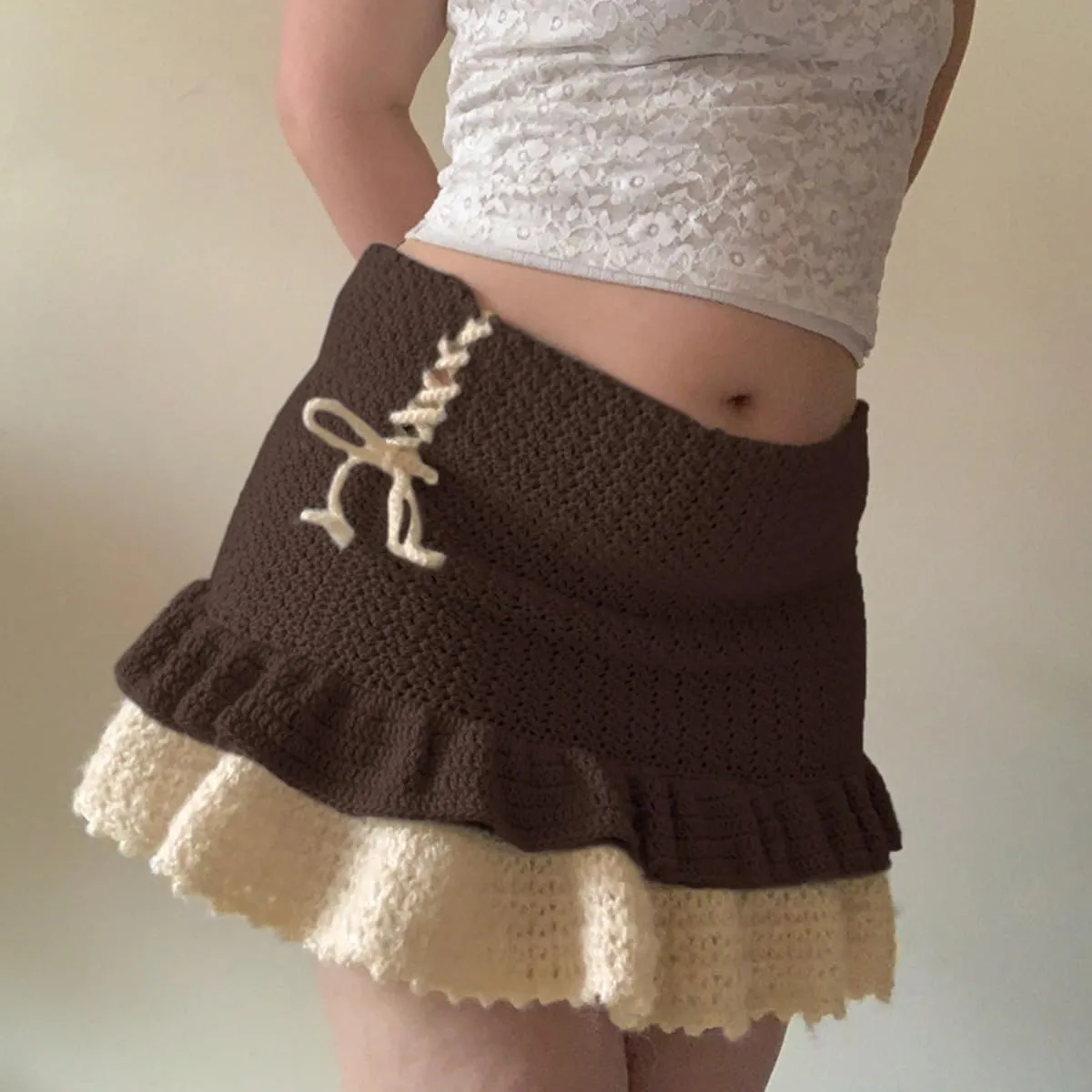 Women's Y2K Skirts Knit High Waist Mini Skirts Ruffle Pleated Mini Skirts Bodycon Mini Skirts Flowy Skirt Bow Skirt