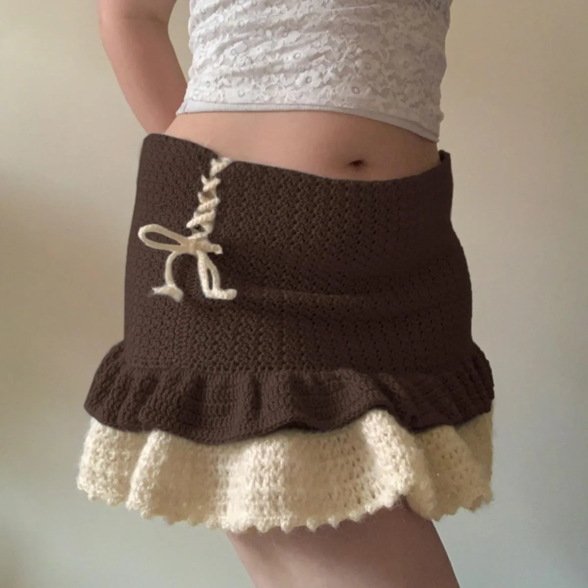 Women's Y2K Skirts Knit High Waist Mini Skirts Ruffle Pleated Mini Skirts Bodycon Mini Skirts Flowy Skirt Bow Skirt