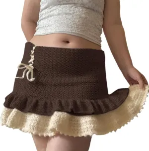 Women's Y2K Skirts Knit High Waist Mini Skirts Ruffle Pleated Mini Skirts Bodycon Mini Skirts Flowy Skirt Bow Skirt
