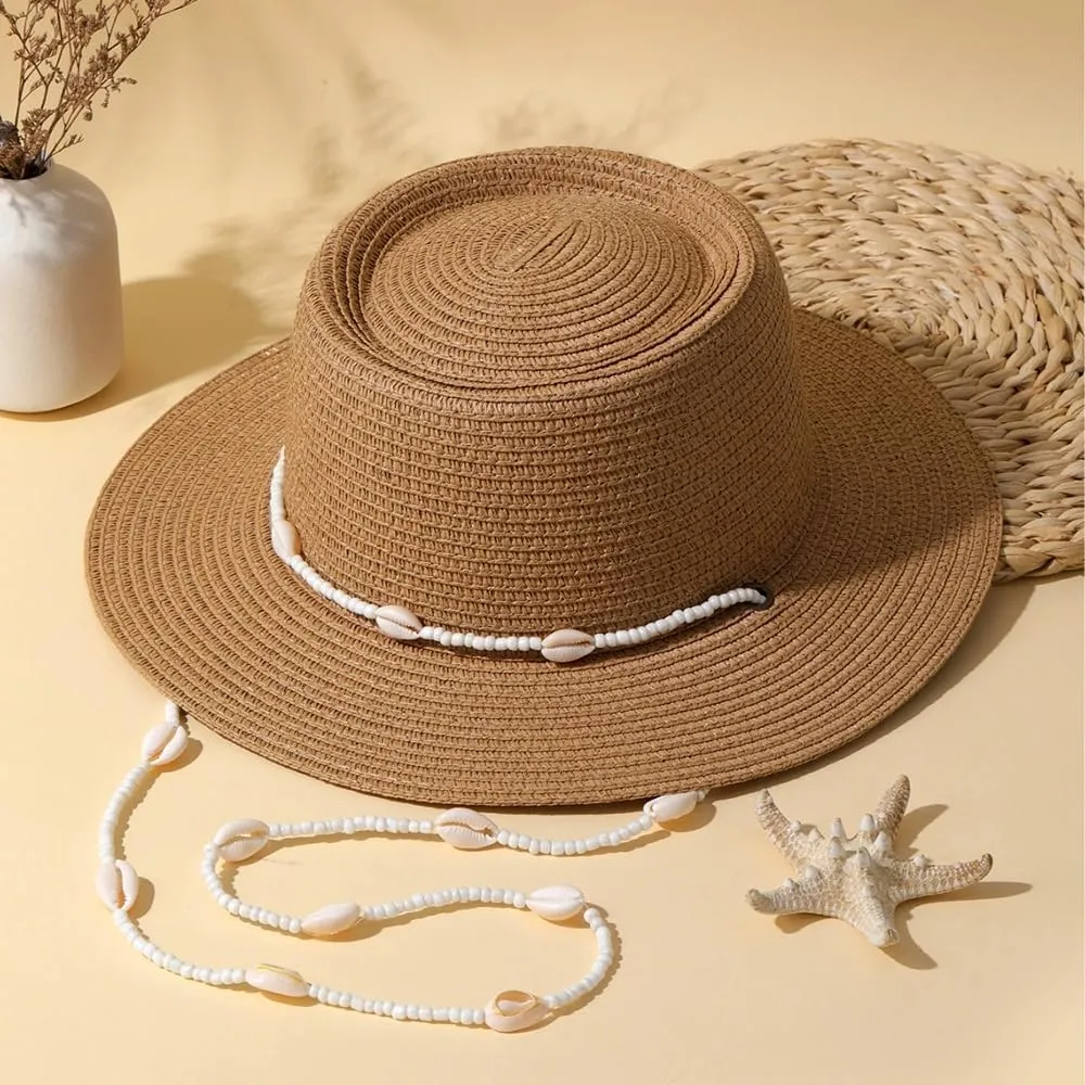 Woven Fedora Sun Hat Women Straw Wide Brim Finished with Seashells Sun Protection Summer Vacation Seaside Beach Straw Hat